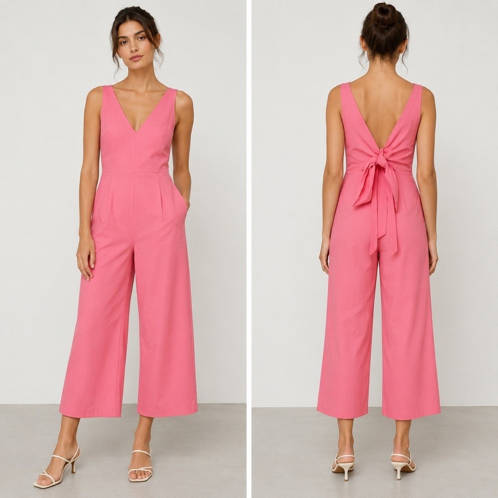 J.Crew Womens Pink V-Neck Tie‎ Back Wide Leg Jumpsuit Size 2 Sleeveless Pocketed